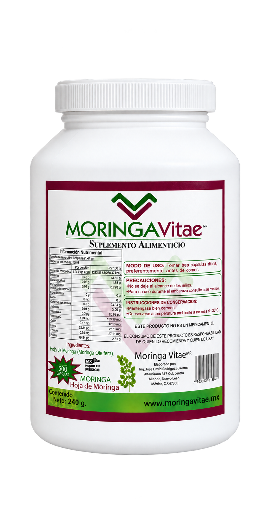 Cápsulas de Moringa Oleifera 700 Cápsulas de [500 mg] – Hoja de Moringa Pura | Moringa Vitae (Copia)